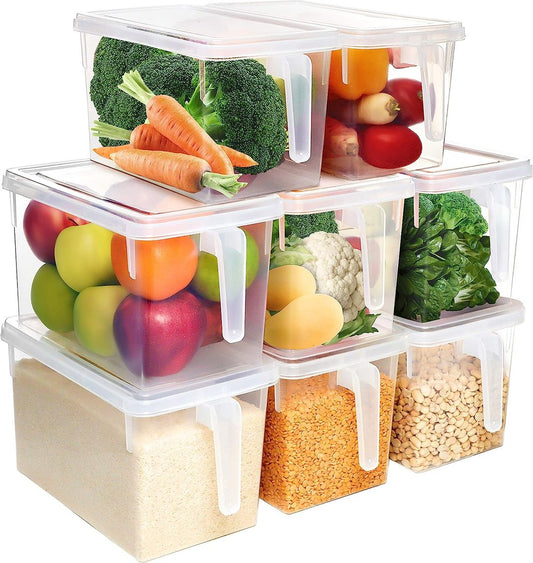 8-delige Keuken Koelkast & Kast Opslag Container set met Handvatten en Deksel – 30,5 cm Totale Lengte – Helder Plastic Koelkast Bakjes Voor Badkamer, Kelder, Lade, Diepvries en Huis