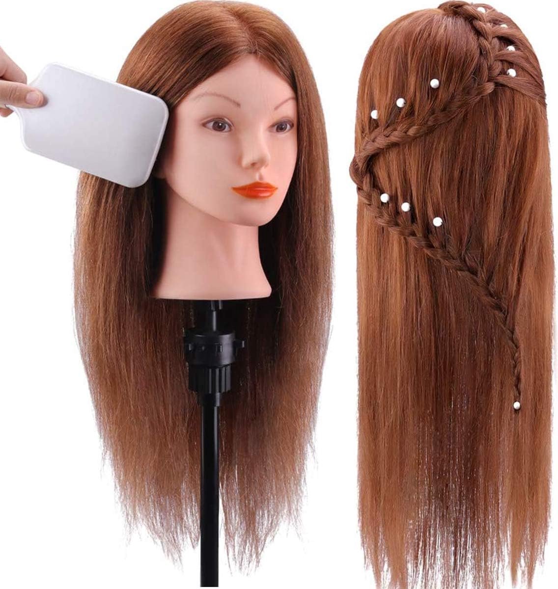 Mannequin Head for Hairdressers with Real Hair Including Clamps approx. 46 cm - TopDirect - Hairdressing Training Head