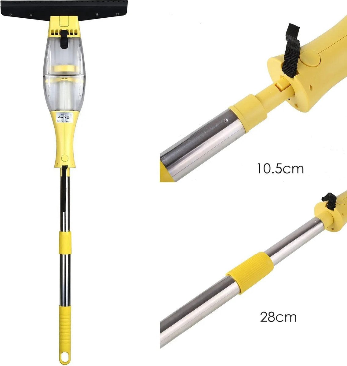 Nique Ruitenreiniger - Ramenwasser telescopisch - Ramenwisser - Ramenwasser met steel - Elektrische ruitenreiniger - Met spuitfles - 28 cm mes - Geschikt Voor tafel, tegels, spiegels en glas - Geel