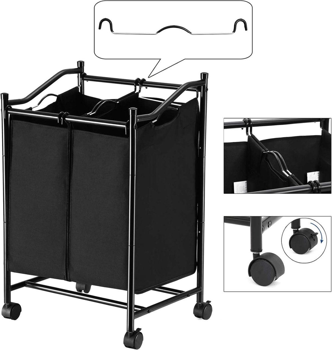 Laundry sorter with wheels - 2 compartments - laundry basket for laundry collector - laundry cart with removable bags - capacity 90 liters - black laundry sorter