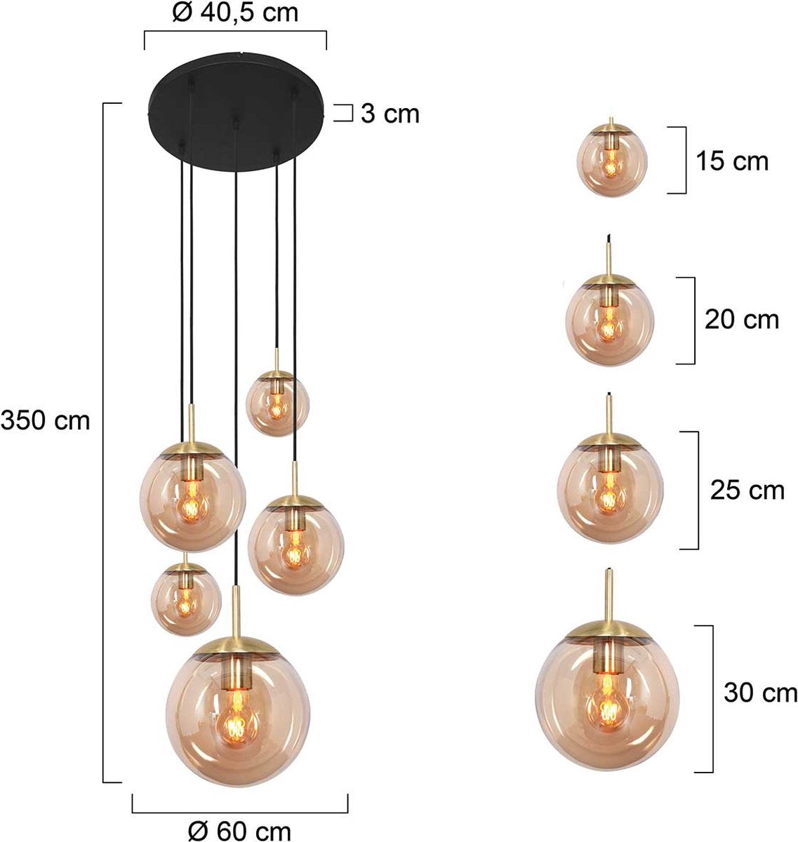 Glazen vide hanglamp Bollique | 5-lichts | amber / goud / zwart | glas / metaal | 350 cm lang | Ø 60 cm | eettafellamp | modern / sfeervol design