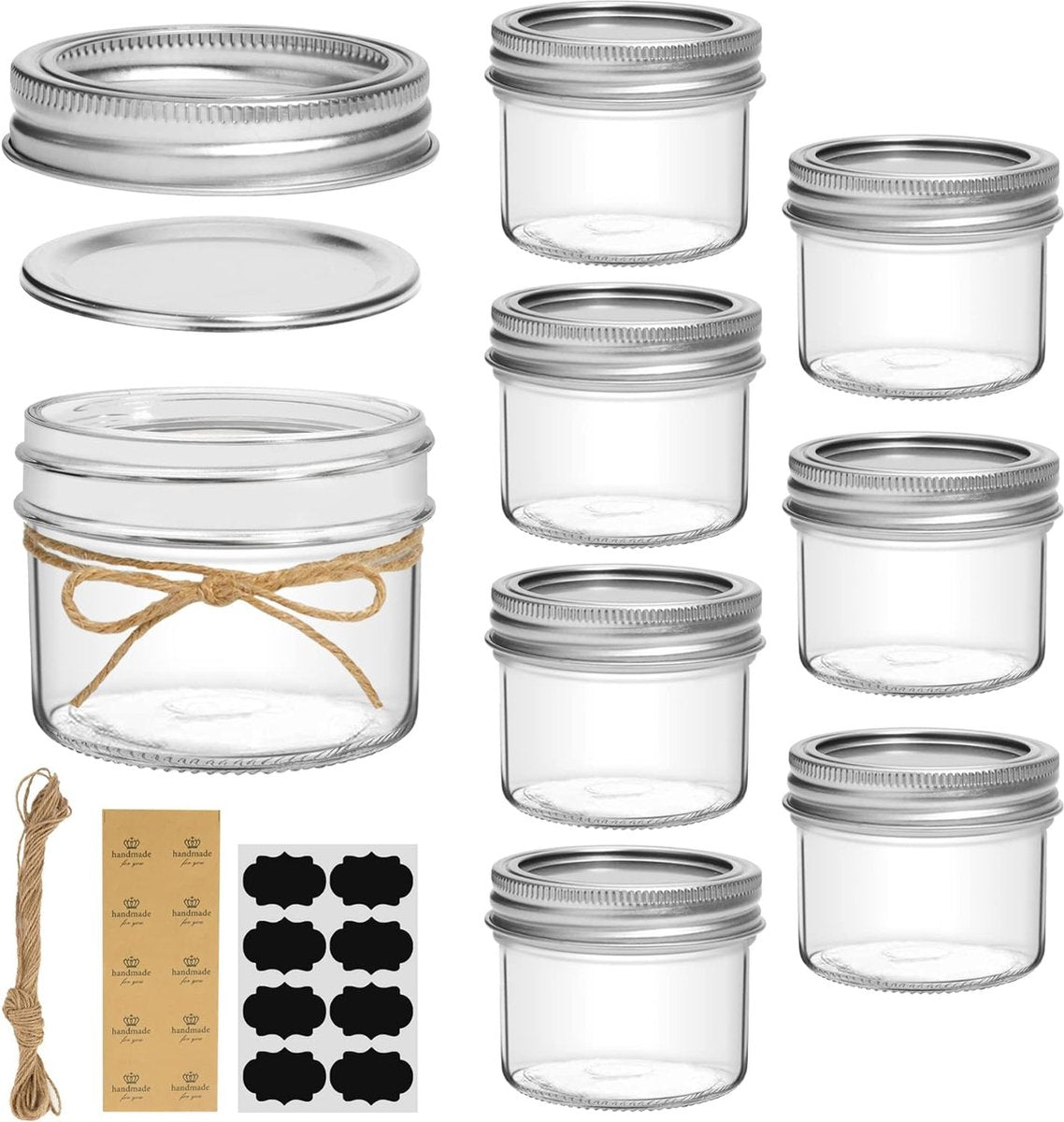 125 ml weckpotten met schroefdeksel en etiketten, jampotten, set van 8, kleine weckpotten met deksel voor kruiden, zelfgemaakte producten, gelei, jam, yoghurtpotten, glazen pot met deksel