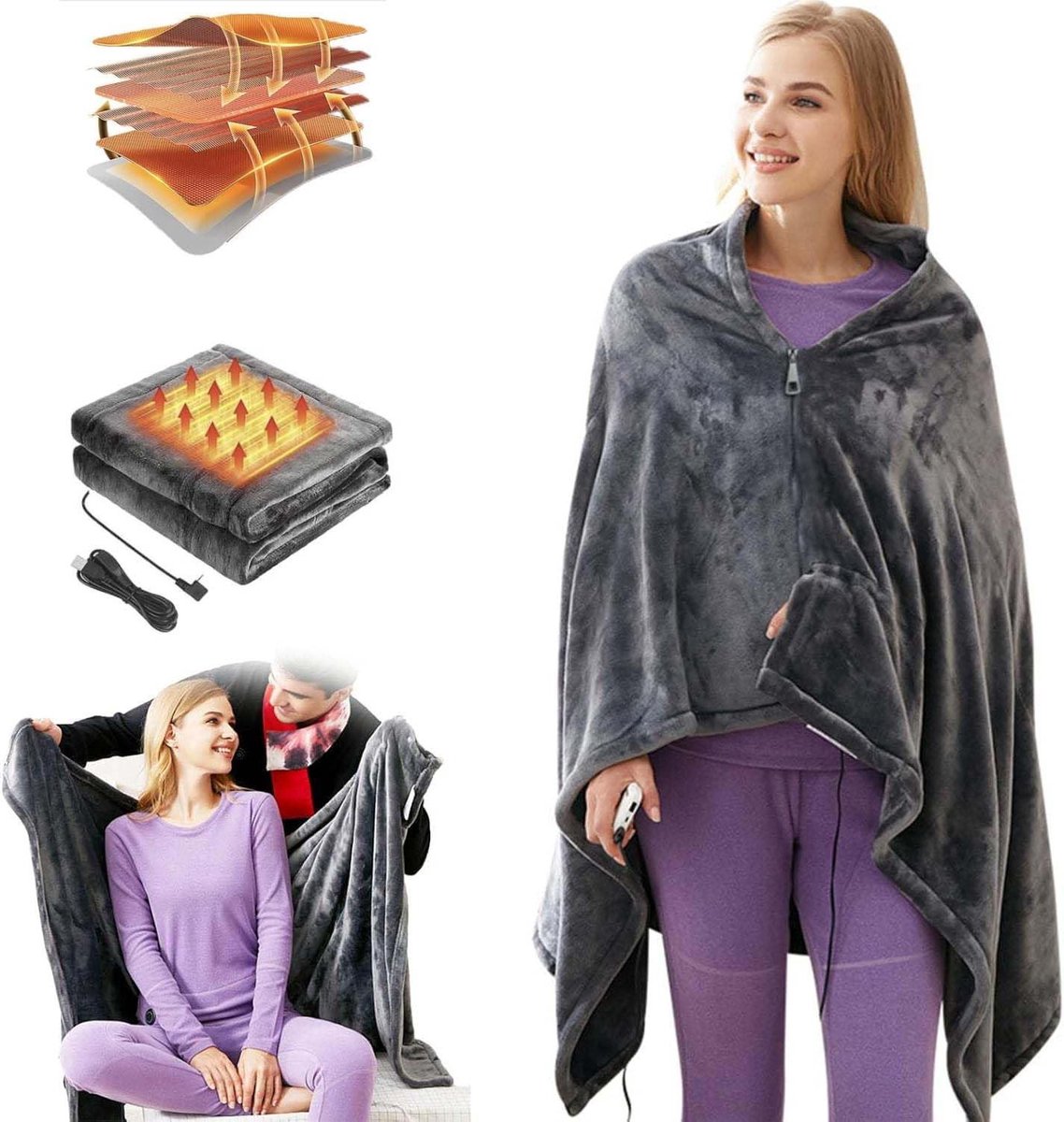 Electric blanket with USB connection - Cordless heated blanket with 3 temperature levels - Machine washable