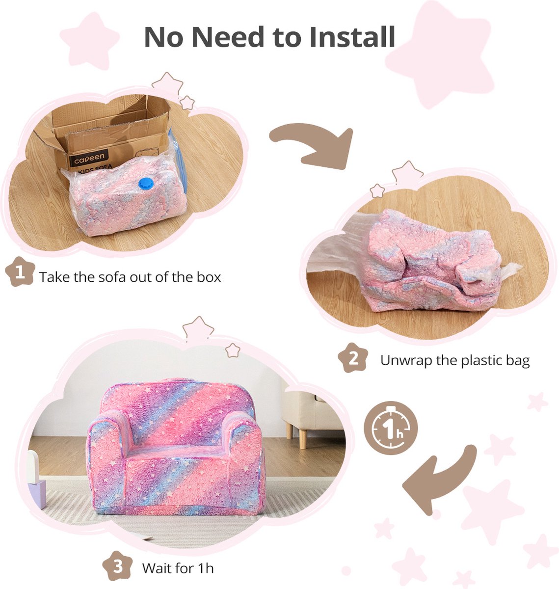 Kinder Zitzakstoel - 61x45x45cm Lichtgevende Kleuterstoel - Kinderbank - Afneembare & Uitwasbare hoes - Roze