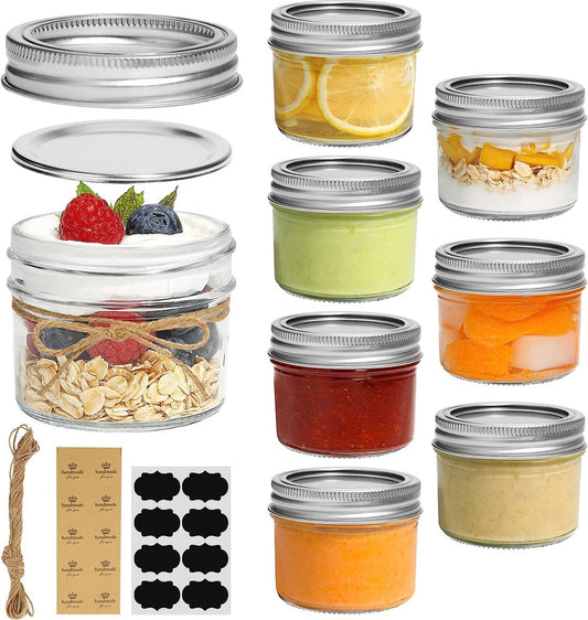 125 ml weckpotten met schroefdeksel en etiketten, jampotten, set van 8, kleine weckpotten met deksel voor kruiden, zelfgemaakte producten, gelei, jam, yoghurtpotten, glazen pot met deksel