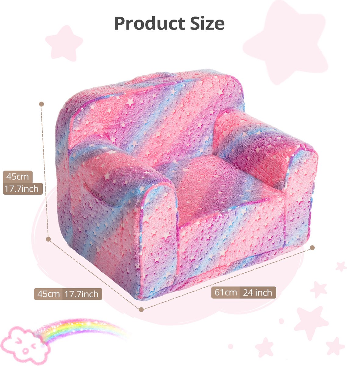 Kinder Zitzakstoel - 61x45x45cm Lichtgevende Kleuterstoel - Kinderbank - Afneembare & Uitwasbare hoes - Roze