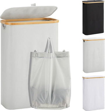 Wasmand met deksel - 48 liter - wasverzamelaar - smal - waszak - opvouwbare wasmand - hout - bamboe - hoge wasmand - grijs Wasmand 2.0