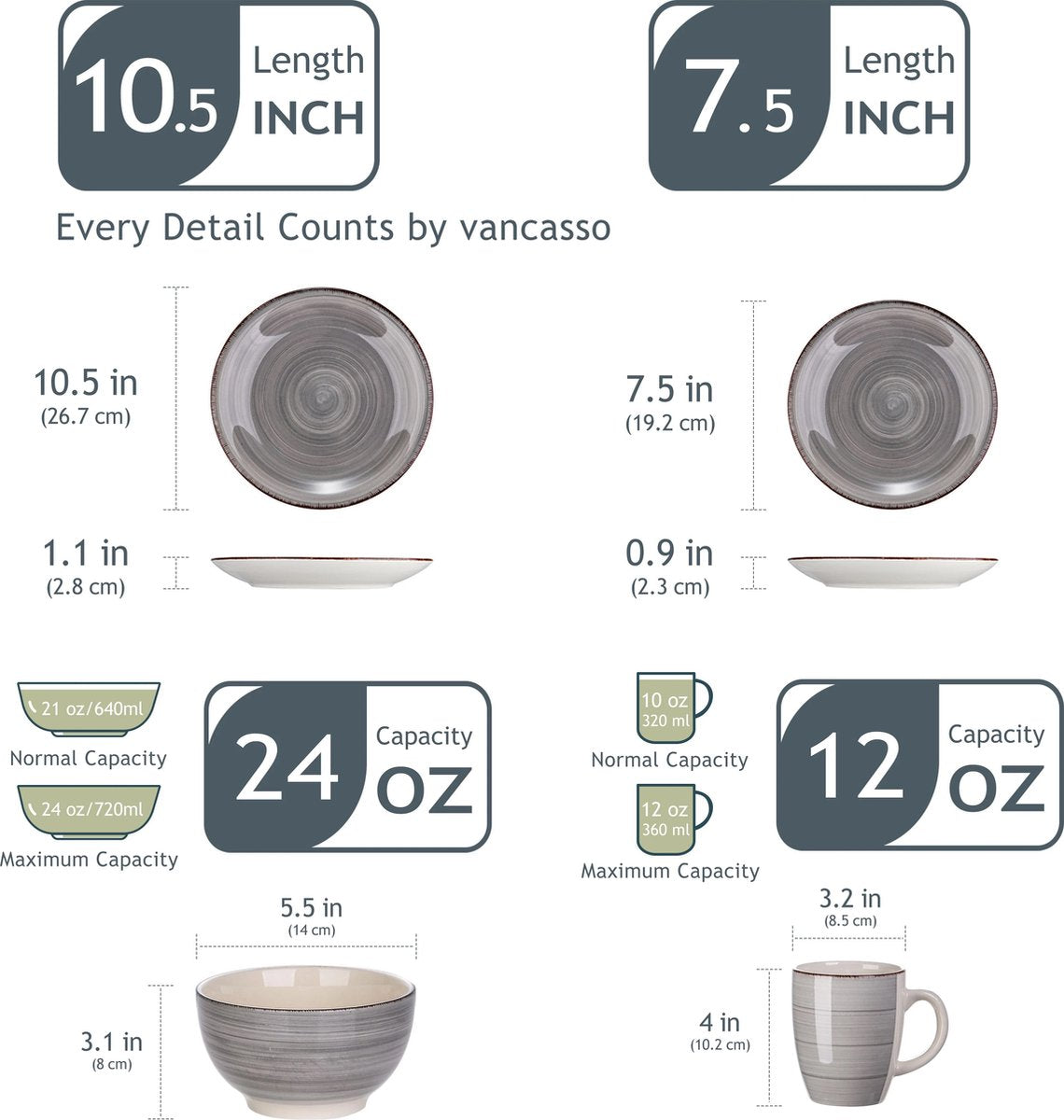Serviesset - Serviessets - Serviesset 8 personen - Grijze Cirkels - Porselein - 32-delig Servies - Dinerbord - Dessertbord - Kom - Mok