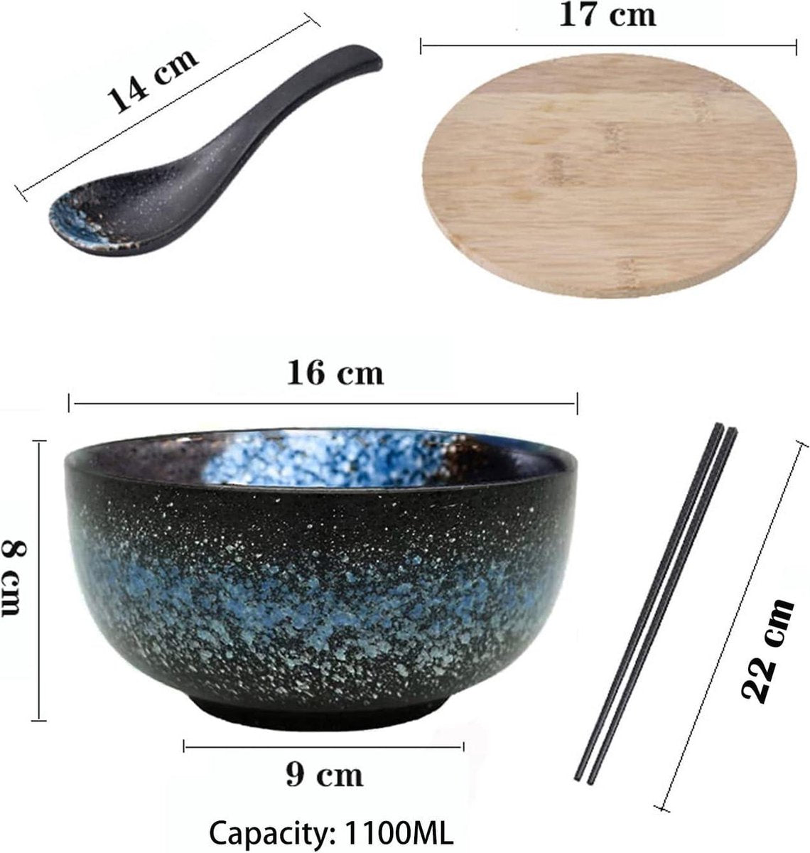Japanese Ramen Kom Set - Keramische Salade Noodle Grote Soepkom Met Deksel En Lepel - Ontbijtgranen Soep Dessert En Rijst Kom - Magnetron Oven Vaatwasser - Blauw Ice Set
