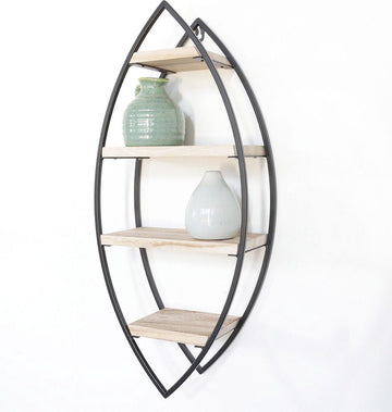 Zwart Metalen Wandrek Ovaal met 4 houten plankjes - 26x60x12 cm