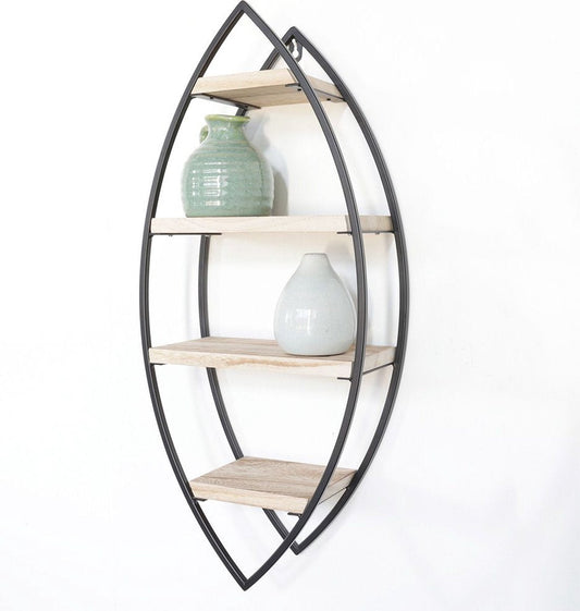 Black Metal Oval Wall Rack with 4 Wooden Shelves - 26x60x12 cm