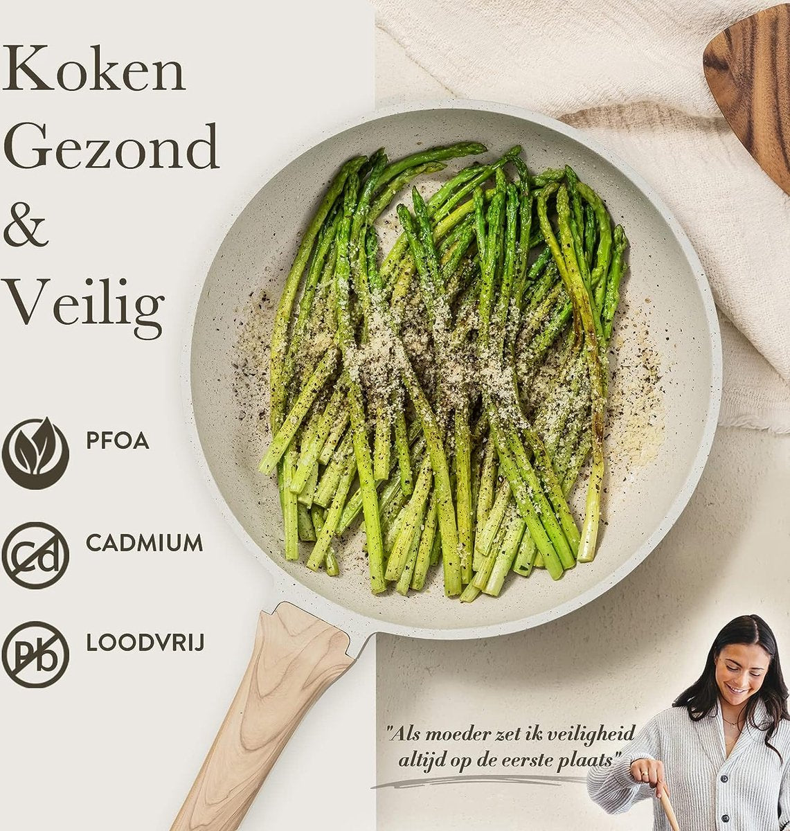 CAROTE Pannenset 14-delig, Bestaande uit een pan van 24/28 cm, 18/20/24 cm Kookpan met deksel en keukengerei, Niet giftig, Compatibel met alle fornuizen