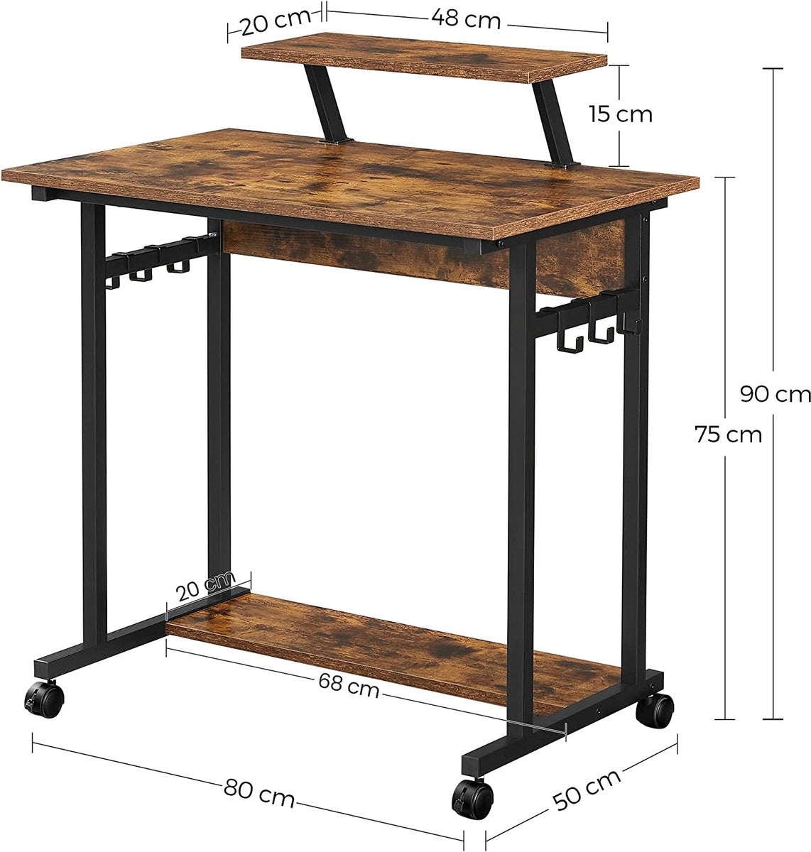 Desk, Computer Desk with Wheels, with Monitor Stand, 6 Hooks, 80 x 50 x 90 cm, Industrial Design, Vintage Brown-Black LWD085B01