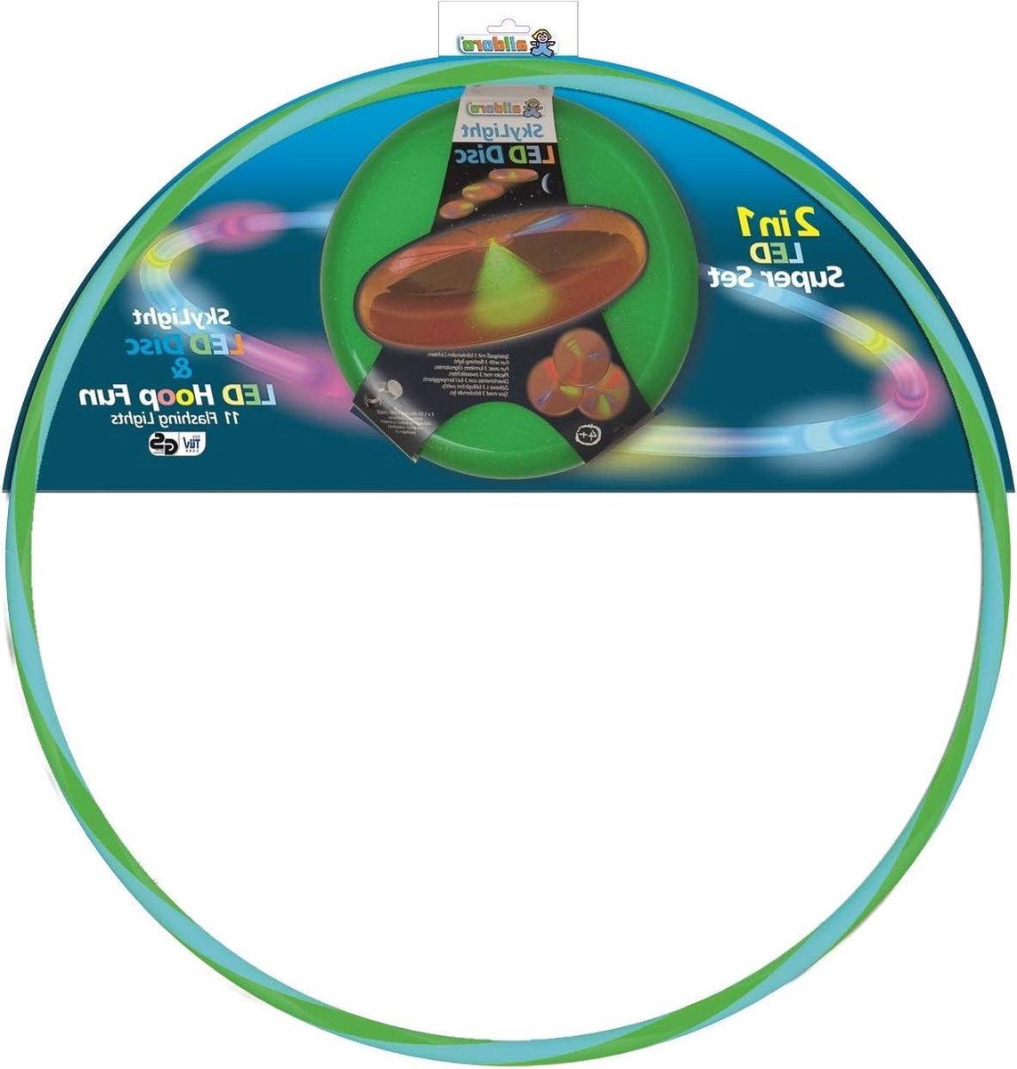 Set van 2 hoepels van 72 cm en Sky Light Disc Ø 27 cm - Hoepelband & werpschijf met leds en licht - Sportspeelgoed voor kinderen vanaf 4 jaar en volwassenen - Blauw/groen & groene hoelahoep