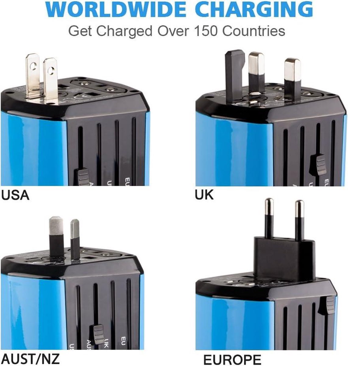 Universal Travel Adapter with 2 USB Ports for 180 Countries UK/EU/US/AU - House Shape Blue