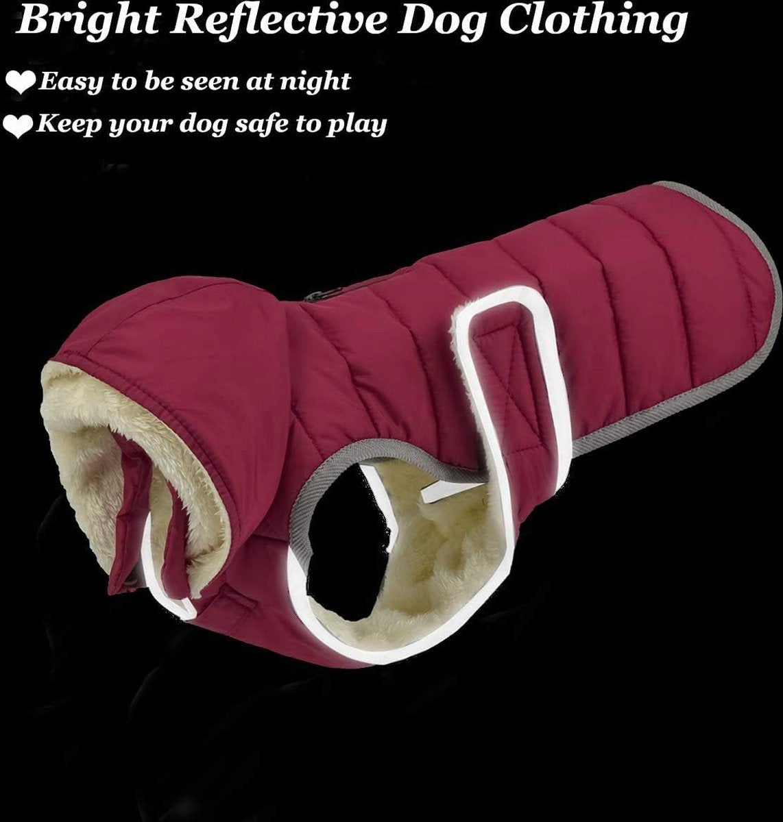 Etechydra Dog Coat, Reflective, Detachable Hood, Waterproof, Winter, Fleece, Warm Jacket, for Small, Medium, and Large Dogs, Red, M