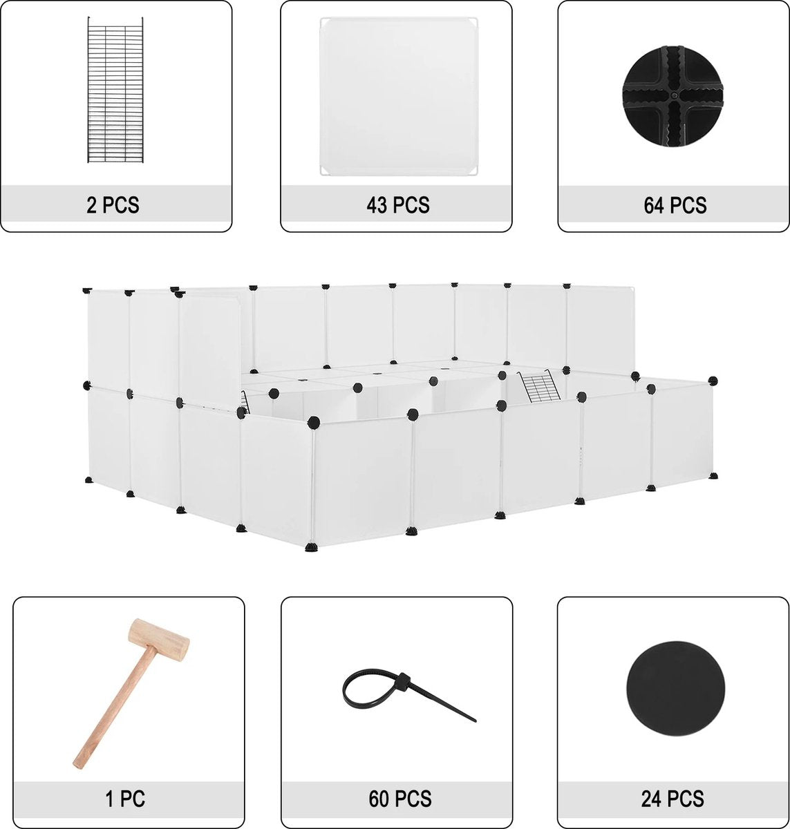 Eszenzics™ modulaire dierenren - Opvouwbaar - Flexibel ontwerp - Solide kunststof wit - Extra verdieping - Voor konijn, cavia, hamster, knaagdier, hond enz. - Dierenkooi