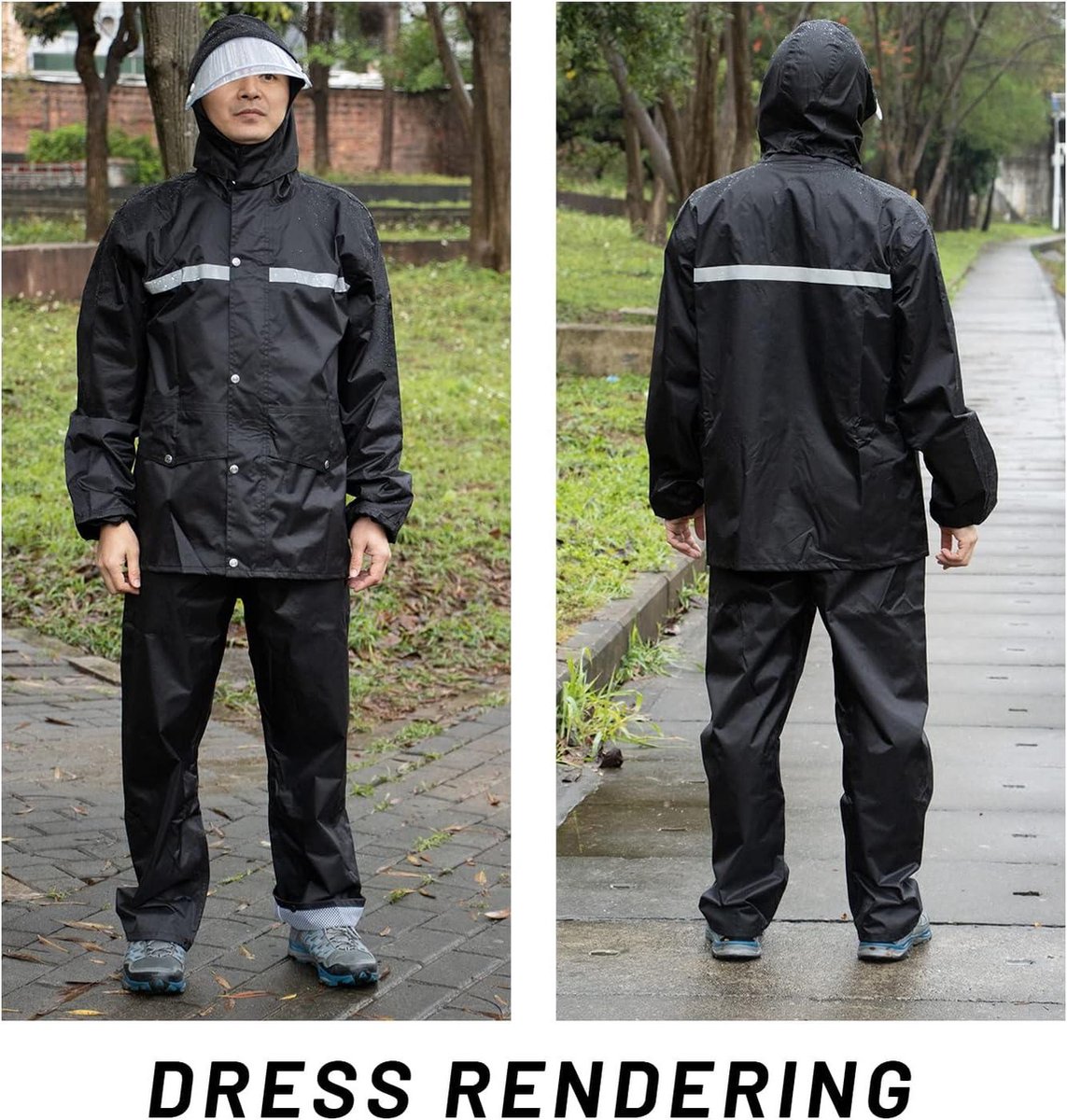 Heren Waterdicht Regenpak (Jack en Broek) Outdoor Anti-Storm Regenkleding met Veilige Reflecterende Strip ZwartM Zwart