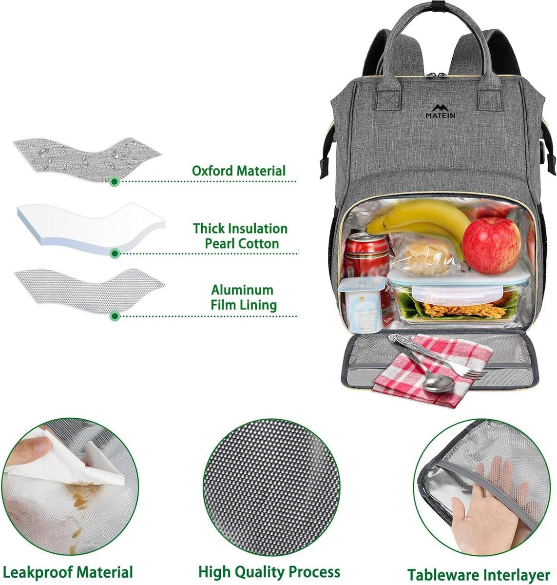 Laptop lunchrugzak voor dames 15,6 inch met geïsoleerd koelvak en USB-poort - Grijs, waterbestendige damesrugzak
