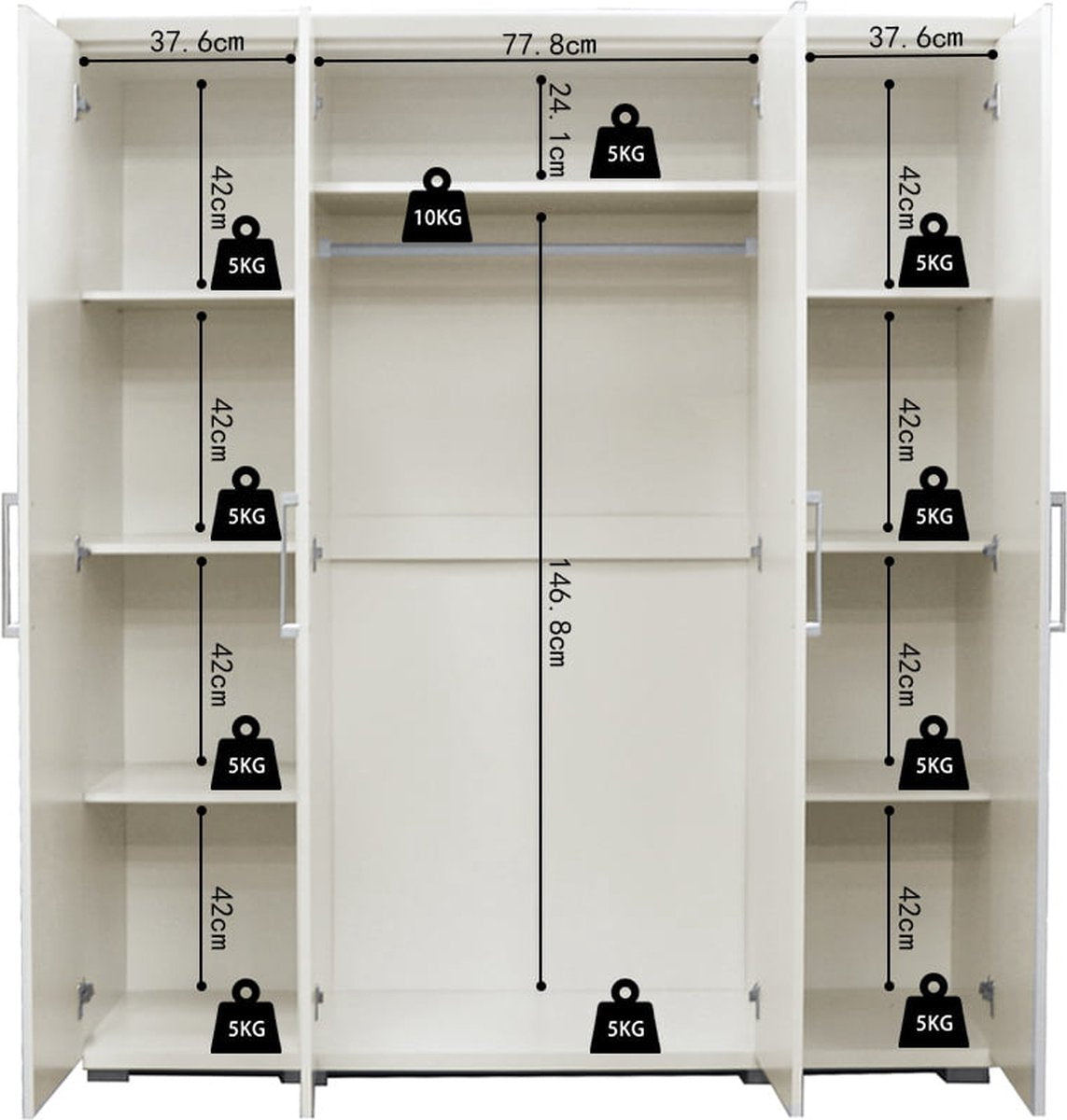 Kledingkast Graham Wit - Breedte 160 cm - Hoogte 183 cm - Diepte 52 cm - Met hanggedeelte - Met planken - Met openslaande deuren