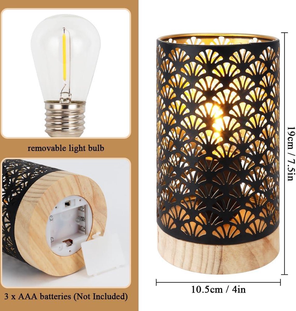 225 cm hoge tafellamp op batterijen met LED-lamp waaiervormig patroon - Decoratieve draadloze batterijlamp voor bruiloft tuin binnen balkon slaapkamer met houten voet