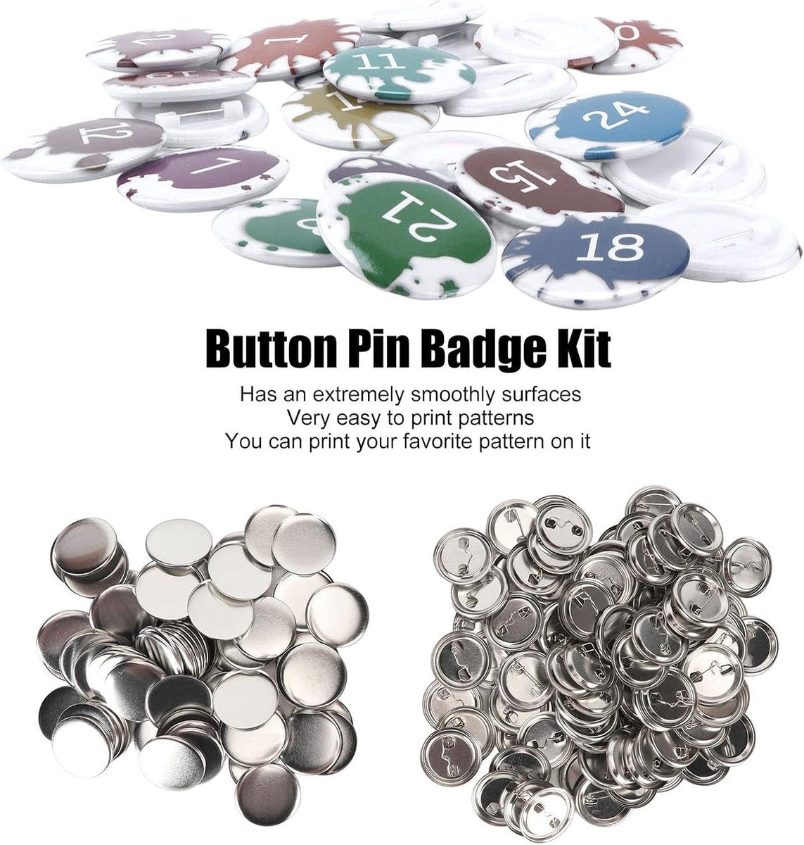 Pin Terug Knop Onderdelen Set - Stevig Metaal Plastic Roestvrij - Benodigdheden voor het maken van Knoppen - Knoppenmachine - Ronde DIY Pin Maker - Plastic Bodems en Transparant - 44MM