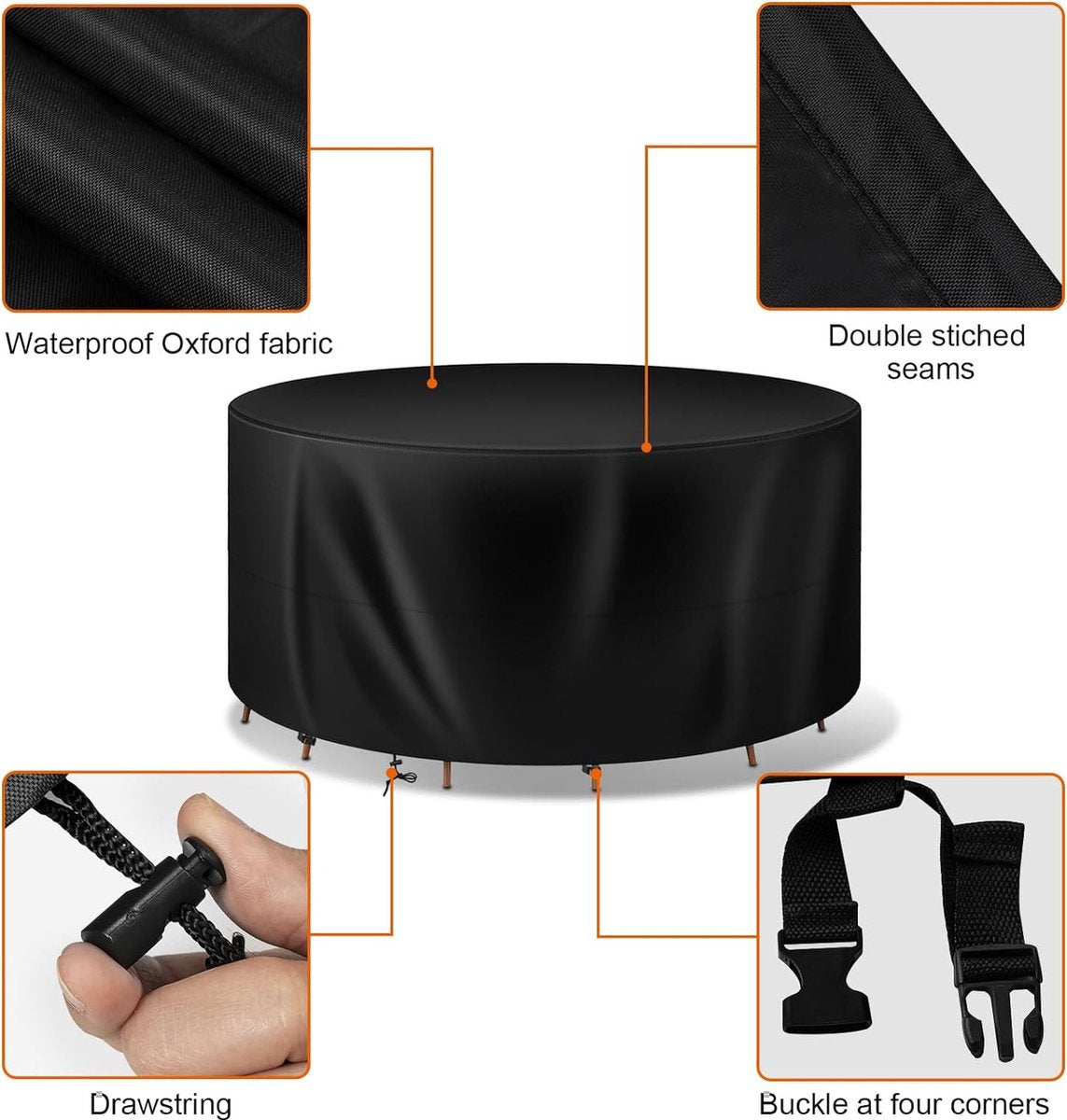 Tuinmeubelhoezen rond, Ø 130 x 75 cm, afdekking van 420D Oxford-stof, waterdicht, uv-bestendig, beschermhoes voor meubelsets, tuintafel, zithoek, zwart