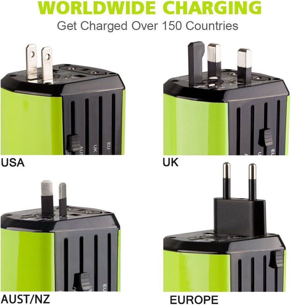 Universal travel adapter with 2 USB ports - UK EU US AU - 180 countries - all-in-one plug adapter - green