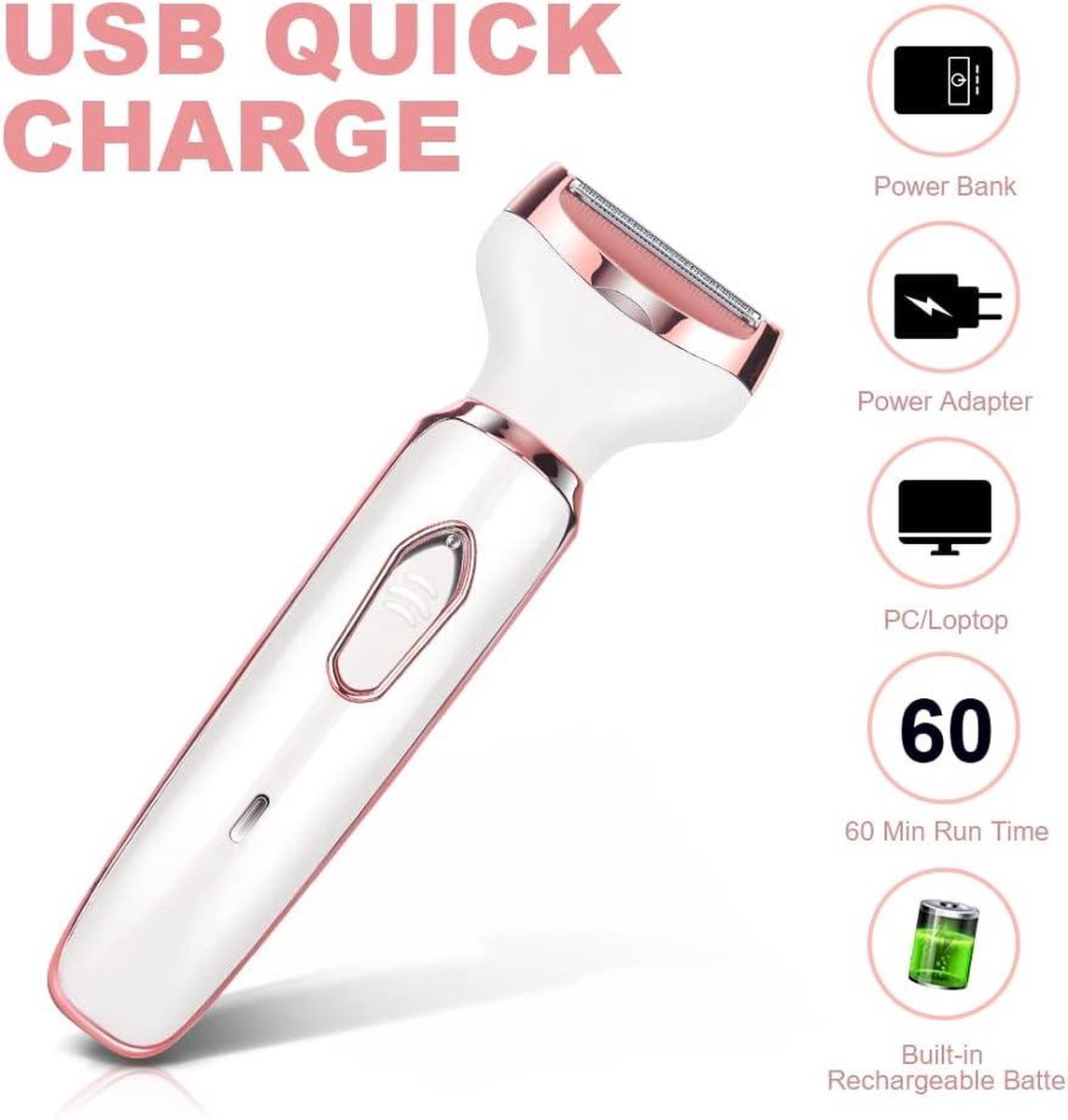 Ladyshave draadloos 4-in-1 elektrisch scheerapparaat voor dames - oplaadbaar - pijnloos - bikinitrimmer - nat en droog - ontharen voor gezicht - benen - oksels - neus- en wenkbrauwscheerapparaat vrouw