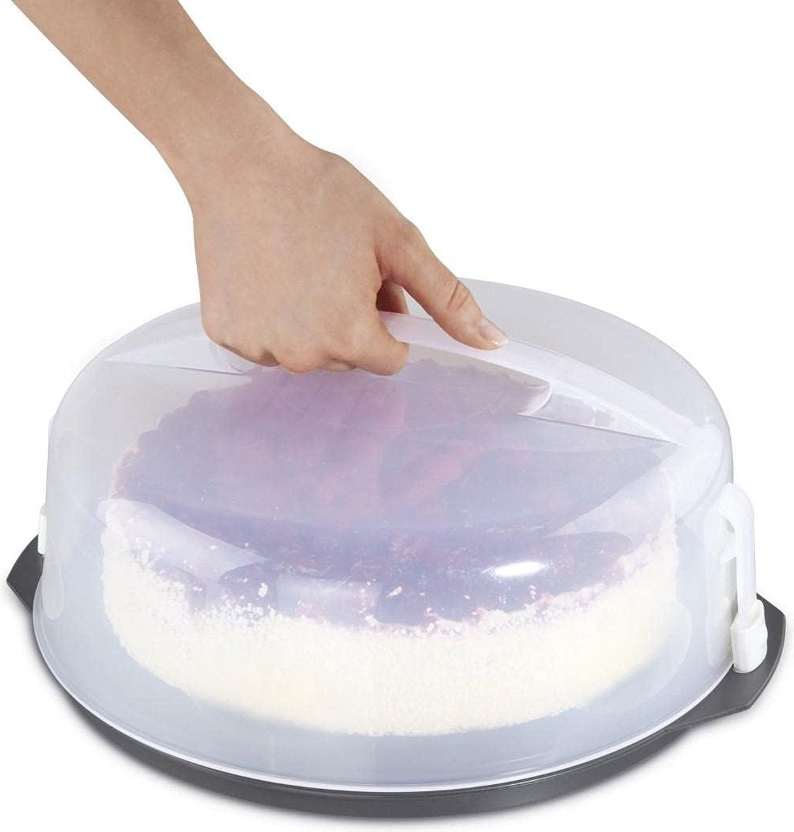 caketransportdoos rond met deksel (bakvorm Ø 28,5 cm, binnenhoogte 8 cm, cakedoos met verdeelhulp, stolp en serveervakken, party- en taartbutler) antraciet cakeschaal