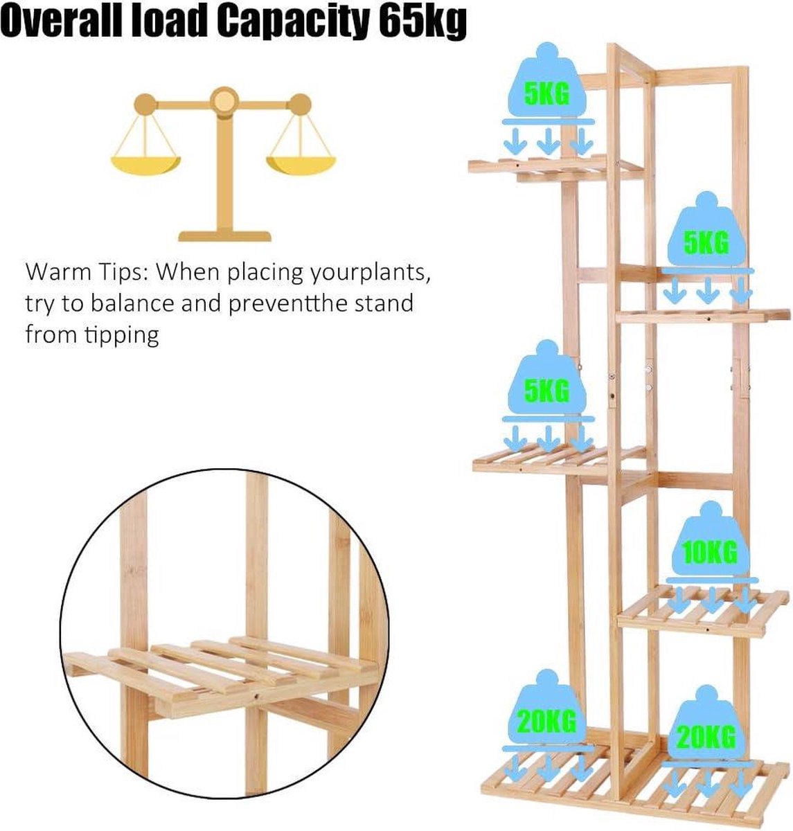 Bamboo Plant Ladder 6 Pot Plants Pot Holder Stand High 5 Tiers - Indoor Outdoor Storage Display Rack - Waterproof Flower Stand with Stand for Bonsai Patio Garden Plant Ladder