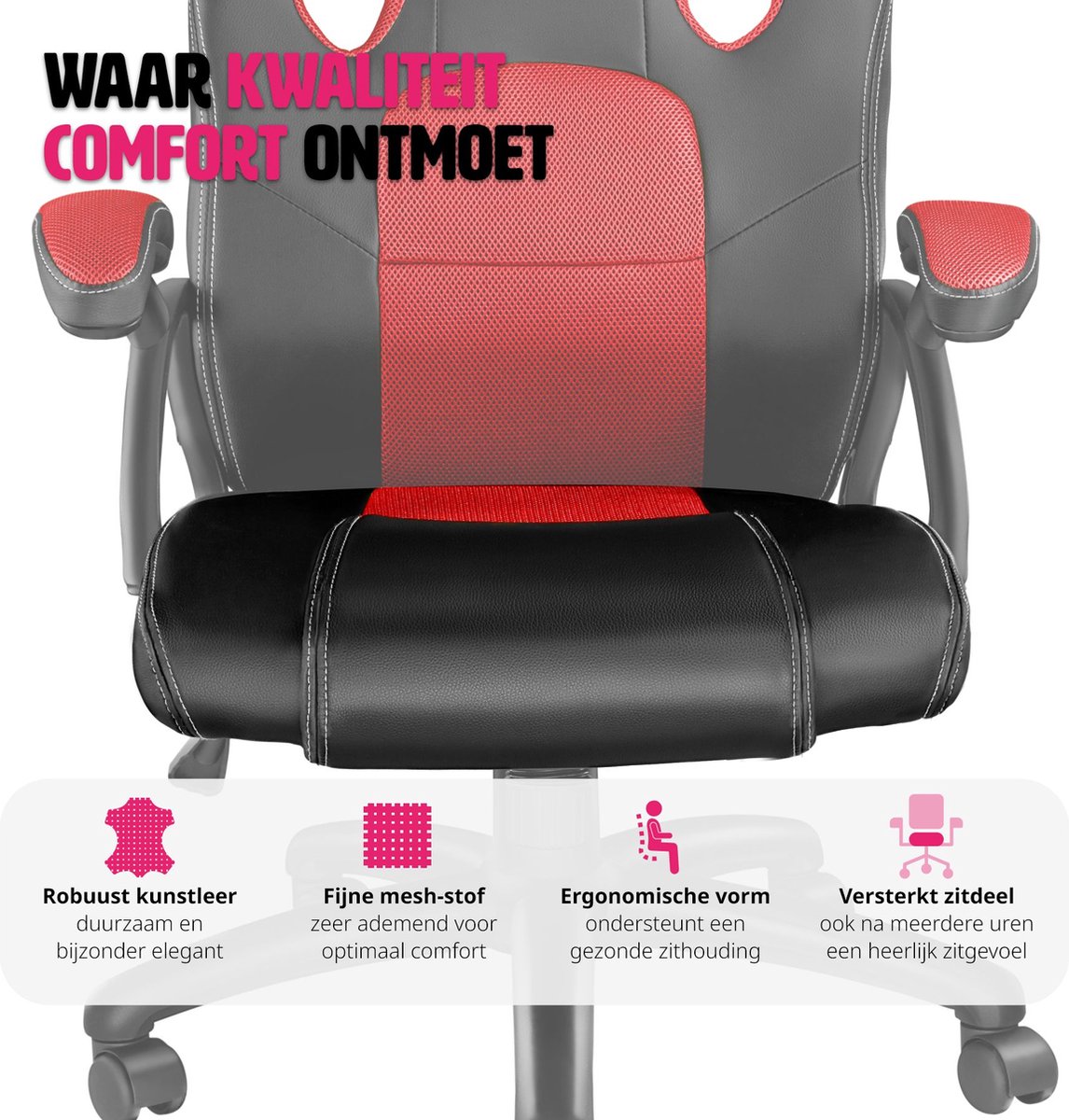 tectake® Gamingstoel - met Kantelfunctie, Directiestoel, Bureaustoel op Wielen - In Hoogte Verstelbare Ergonomische Bureaustoel - PC Stoel - Zwart/Rood