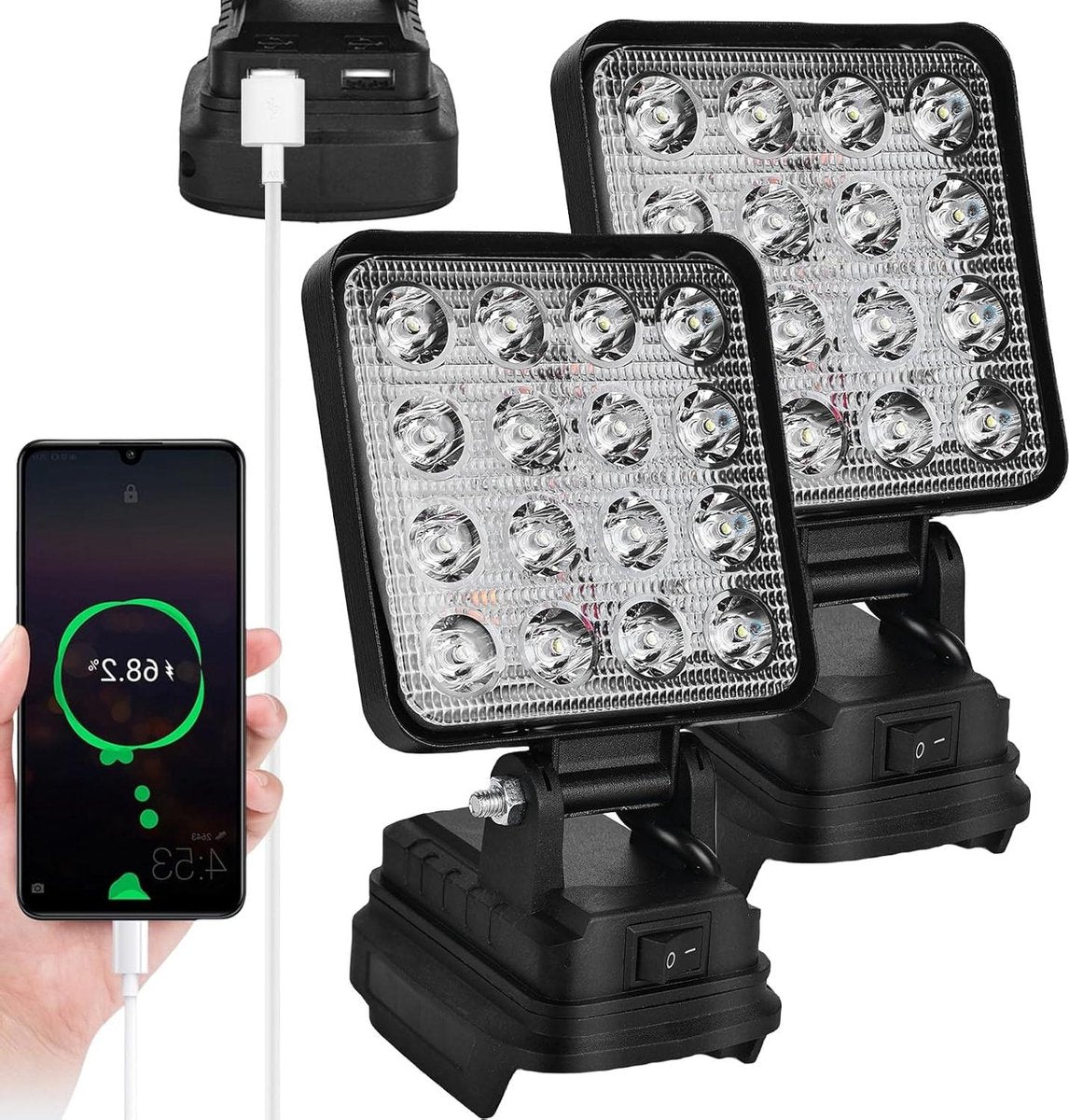 Led-werklamp 18 V Makita - 27 W led-bouwlamp draagbare schijnwerper met accu en USB-oplaadfunctie (2 stuks)