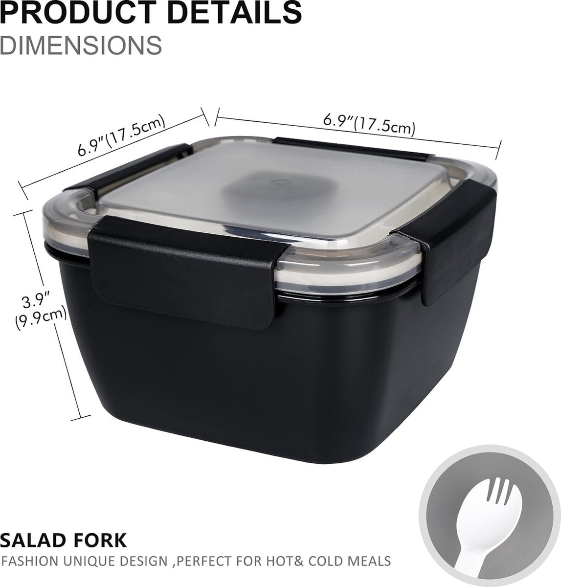 To Go Salad Container Lunchcontainer, BPA-vrij, 3-vaks voor salade toppings en snacks, slakom met dressing container, ingebouwde herbruikbare lepel, magnetron bestendig (zwart)