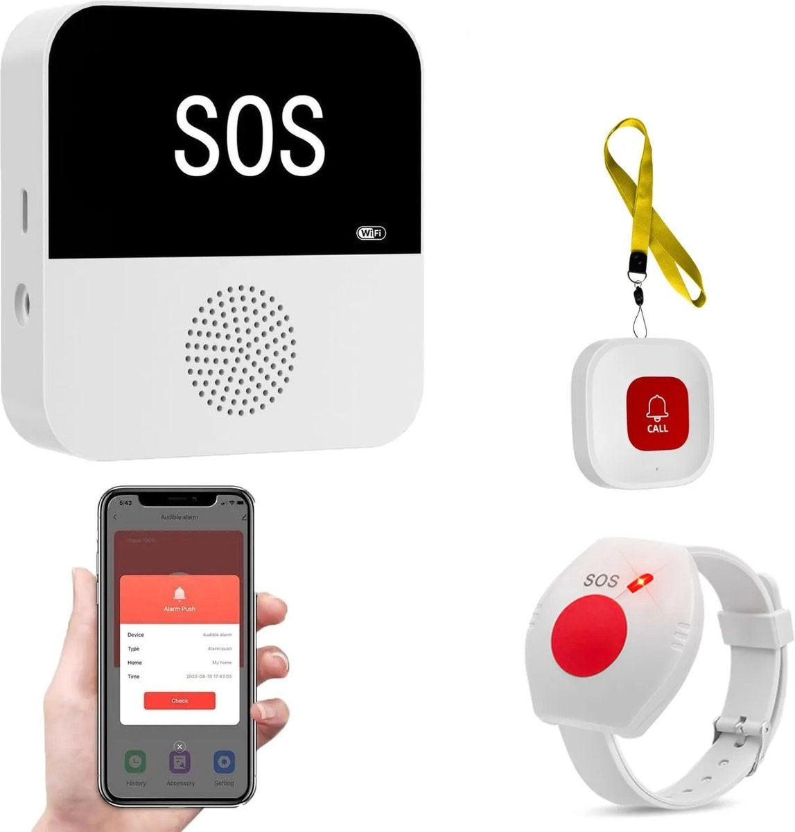 Senioren Alarm - Alarm Horloge Ouderen Waterdicht – Alarmknop - Paniekknop - Draadloos - Draagbaar alarm - Noodoproepknop - Wifi