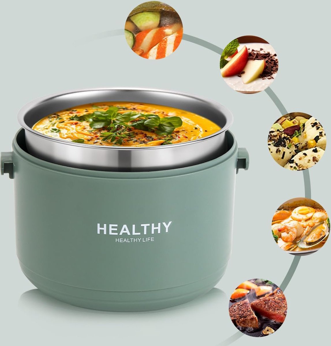 Thermo-etenscontainer, 1000 ml roestvrij staal, warmhoudcontainer voor eten en kinderen, thermische lunchbox met gespsluiting voor soep, muesli, stoofpot (groen)