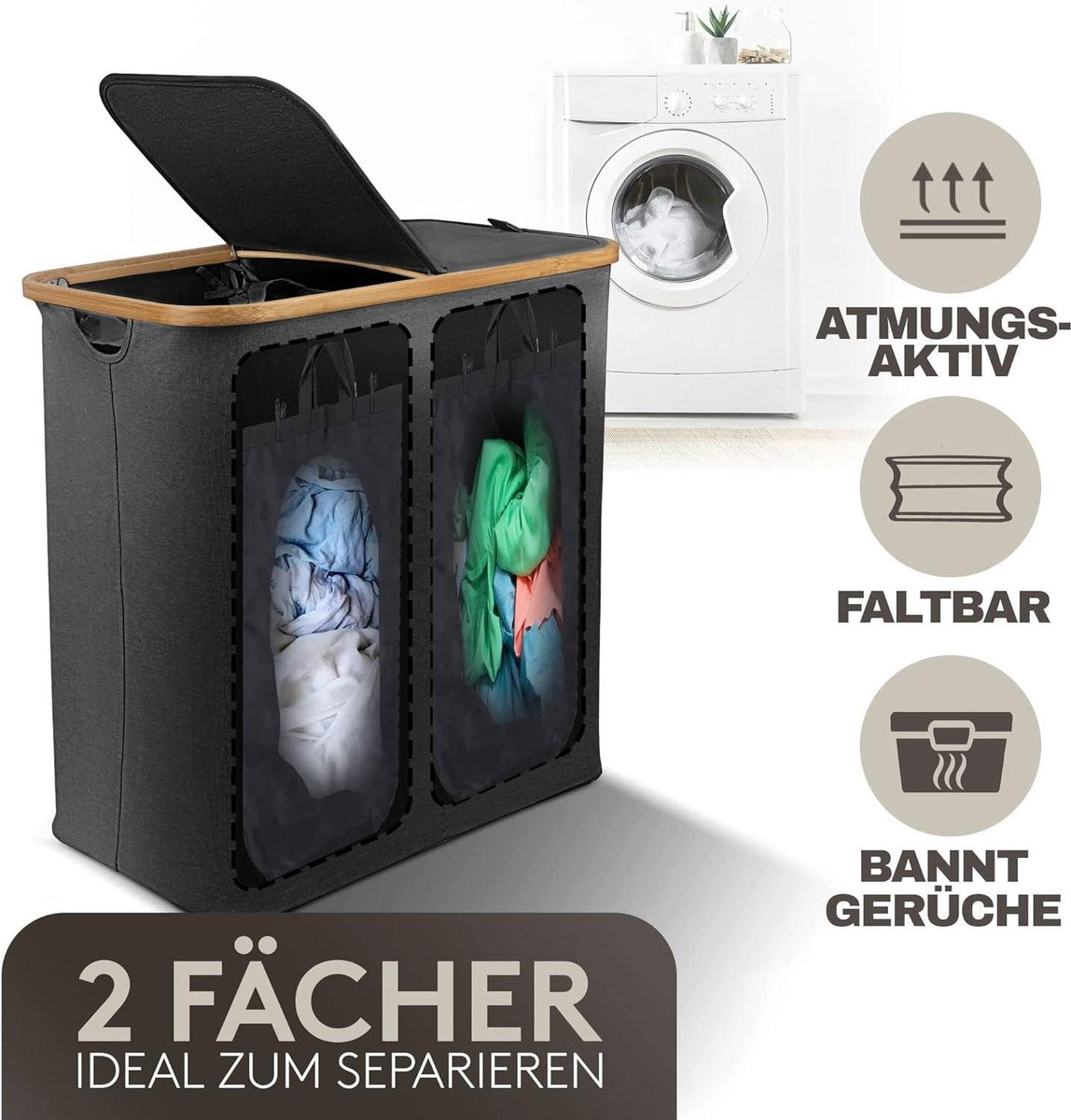 Was-sorteerder Celeko Donker Wasmand 2 vakken met deksel - 100 liter - bamboe-stof - groot - wasverzamelaar - donkergrijs - antraciet zwart Was-sorteerder