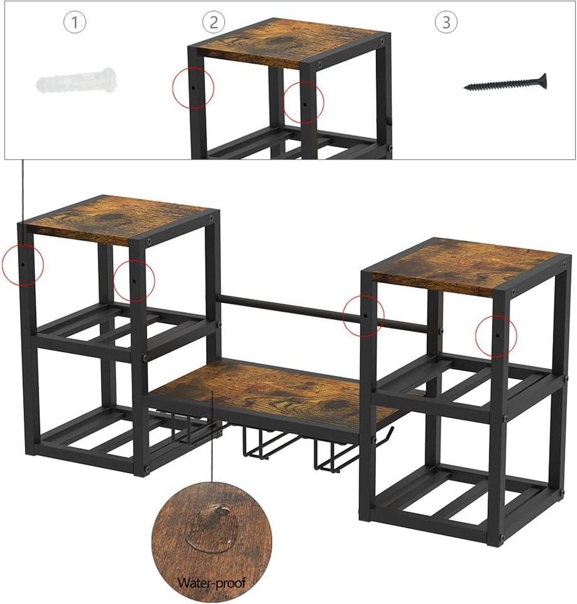 Wijnrek voor aan de muur met 3 glazenhouders - multifunctionele wijndisplay voor thuisbar en keuken met gedeeltelijke houten plank en zwarte metalen flessenhouder