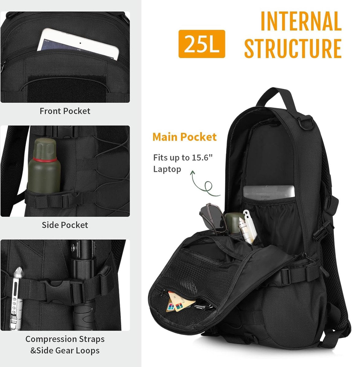Tactische Rugzak, 25 liter, 1000D nylon, tactische dagrugzak, leger, wandelrugzak, Molle gevechtsrugzak, waterafstotend, voor heren en dames, universiteit, reizen, sport, outdoor, klimmen,
