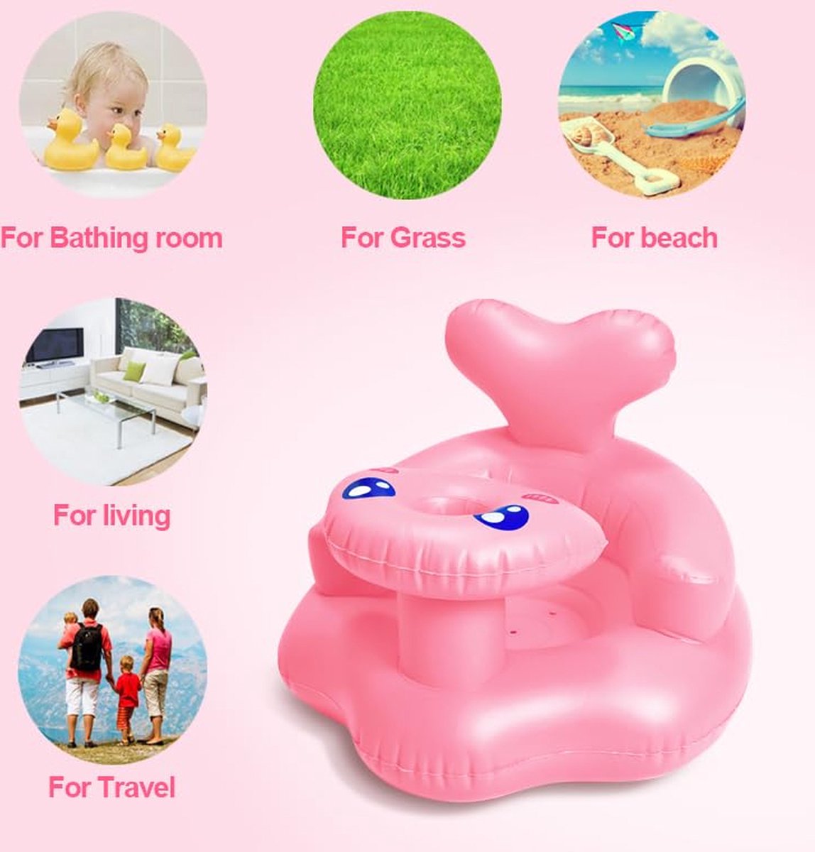 Inflatable Baby Chair, PVC, Foldable Baby Seat for 3-12 Months, Portable Floor Seat for Babies, Baby Sofa Chair, Home and Travel (Pink)