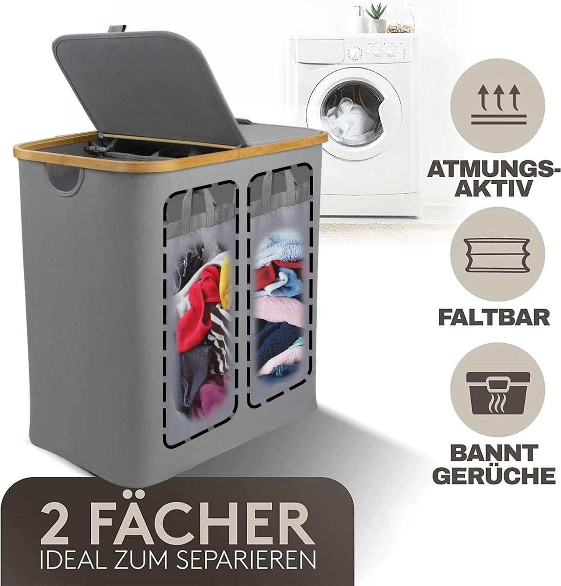 Large Laundry Basket 2 Compartments 150 Litres Bamboo Fabric Light Grey - Laundry Sorter With Lid - Anthracite Black