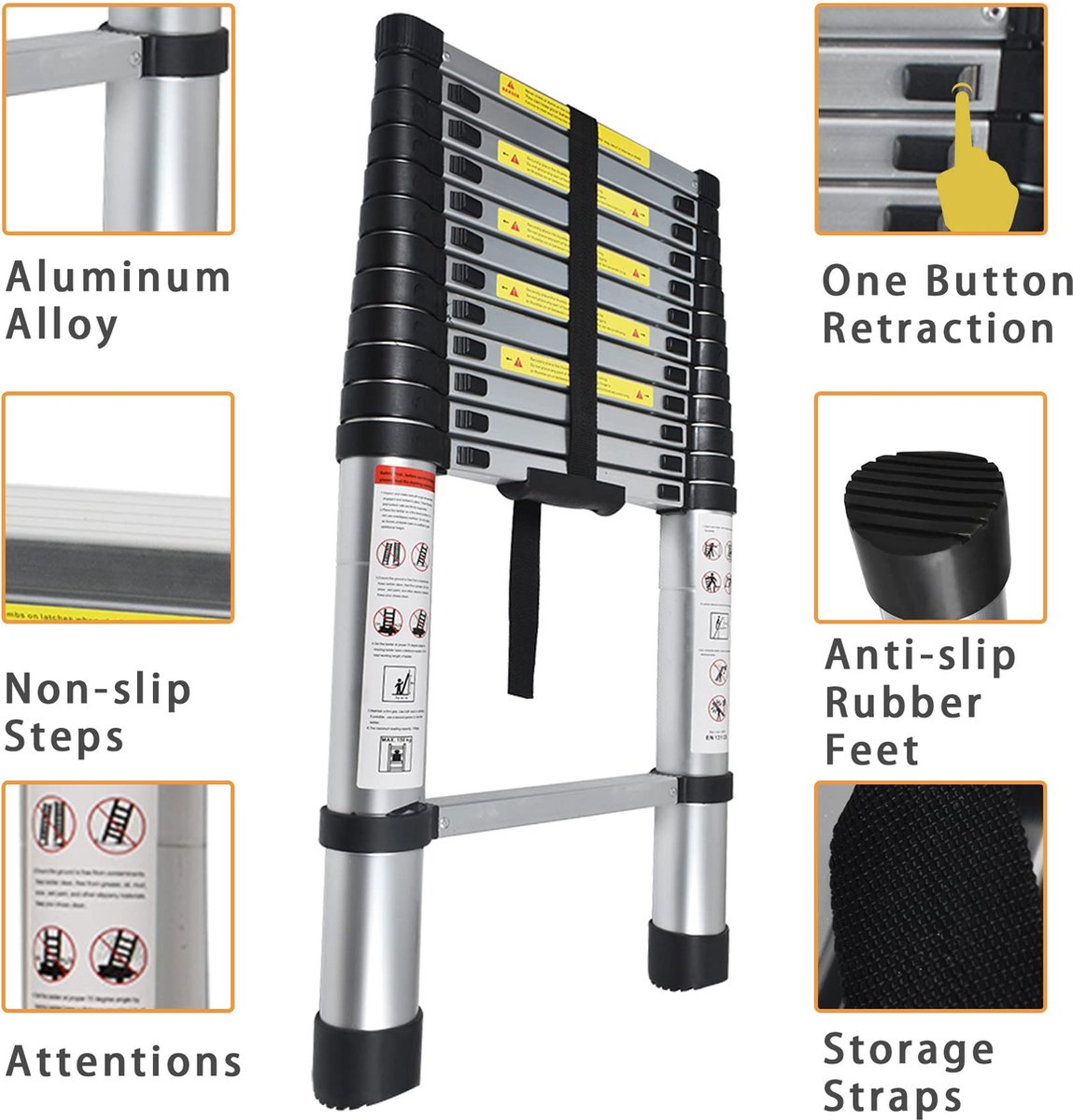 Telescopische Vouwladder - Telescopische Ladders - Soft Close - Werkhoogte 3,2 m - zilver