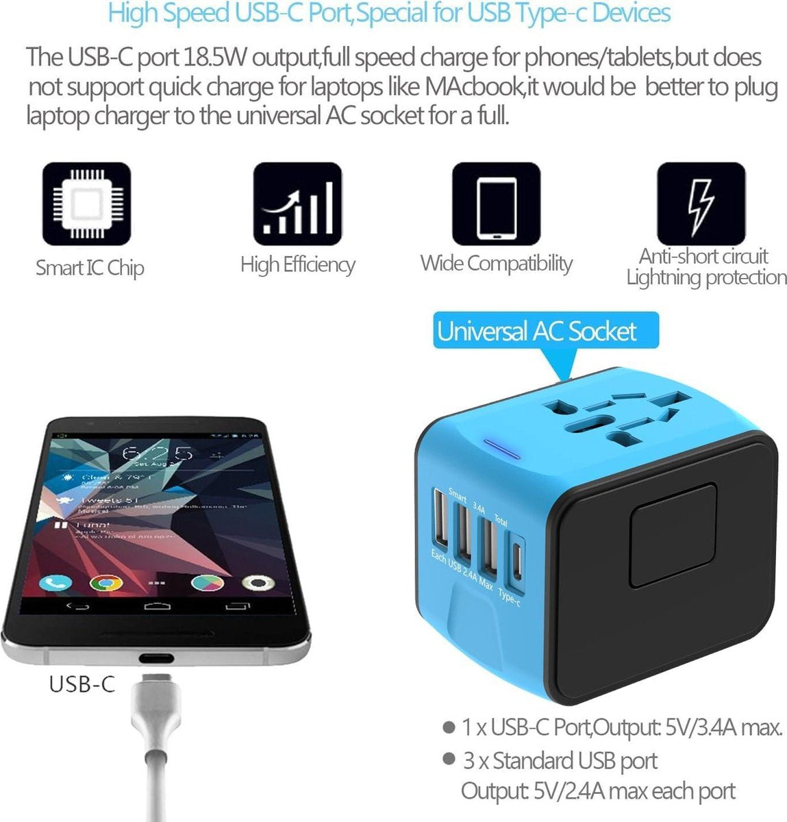 Universal Travel Adapter - 3 USB 1 USB C 1 AC - Reisadapter voor Wereldwijd Gebruik