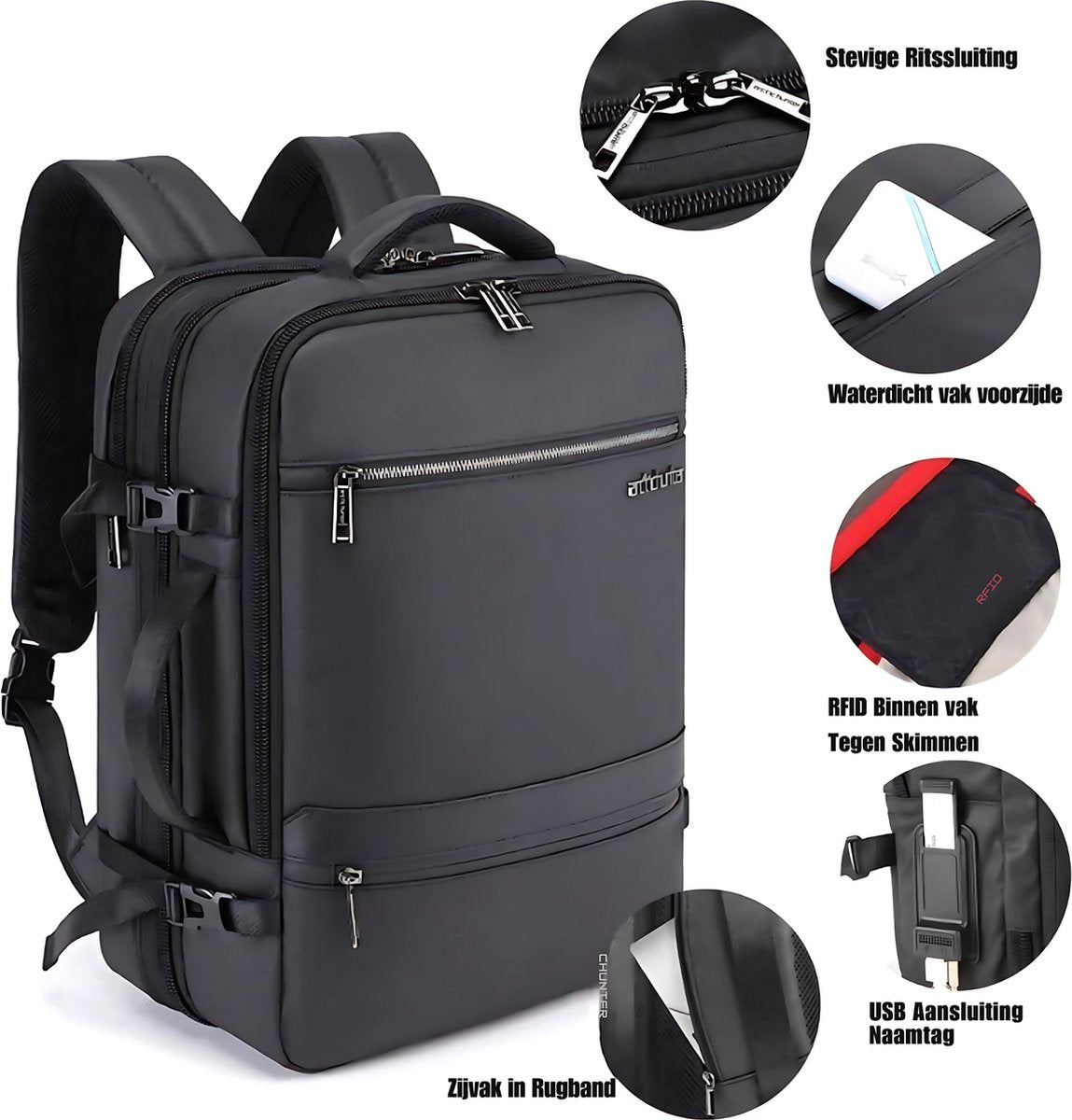 Arctic Hunter Rugzak - Laptoptas - Motortas - USB-aansluiting - Waterafstotend materiaal - Zwart - 32L