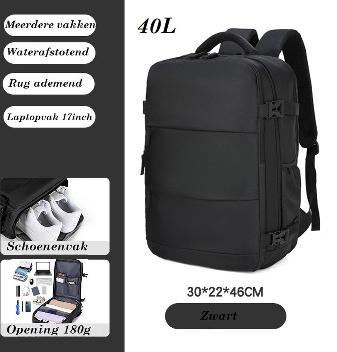 Avoir Avoir® Rugzak - Laptoptas - 17 inch - Dames en Heren - Anti-Diefstal - Waterdicht - Rugtas - tot 40 Liter - Laptop Rugzak - Laptoptas Zwart