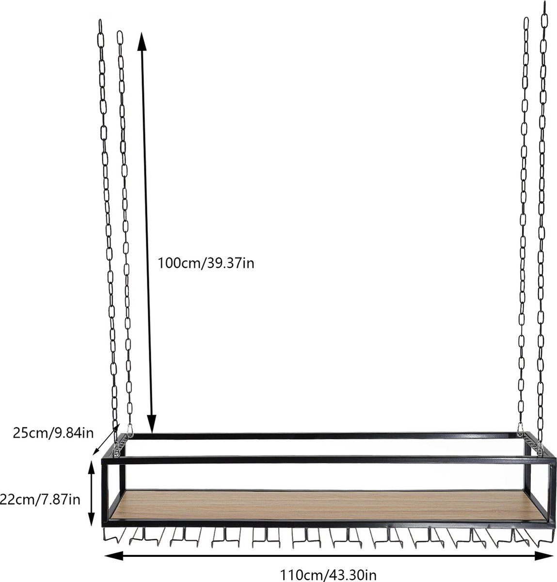 Wine Rack - Hanging - With Glass Holder - Adjustable Chains up to 1M - Industrial - Ceiling Mount - 110cm - Load Capacity 75 kg