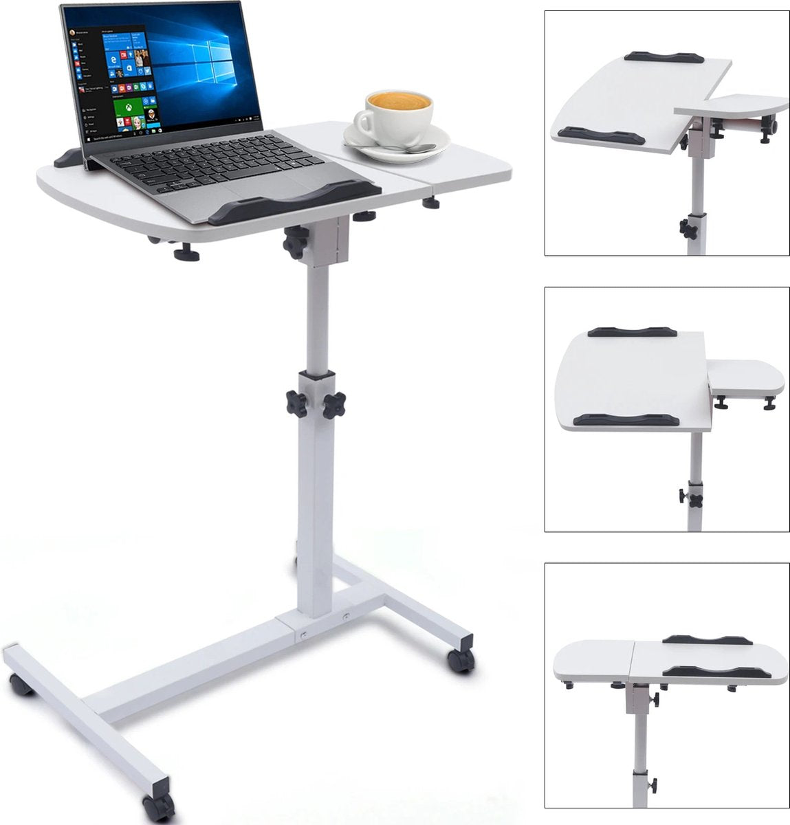Bedside Table - Laptop Table - With Wheels - Foldable - Mobile - Height Adjustable - Work from Home - White