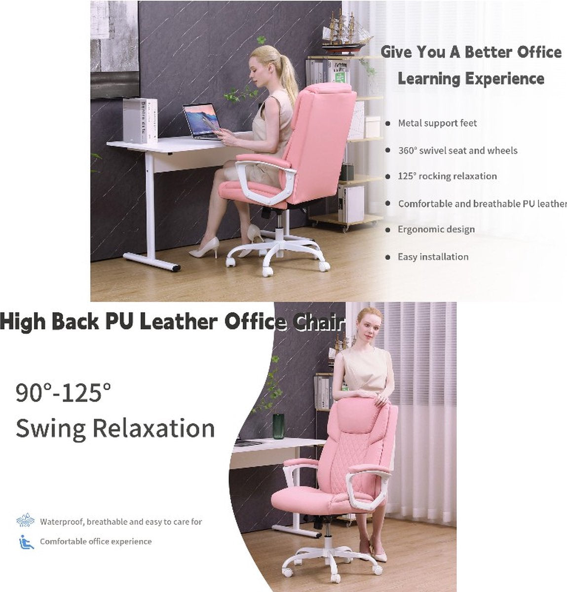 Pink Office Chair - Adjustable backrest - Waterproof and breathable - Maximum load 90 kg - PU leather fabric