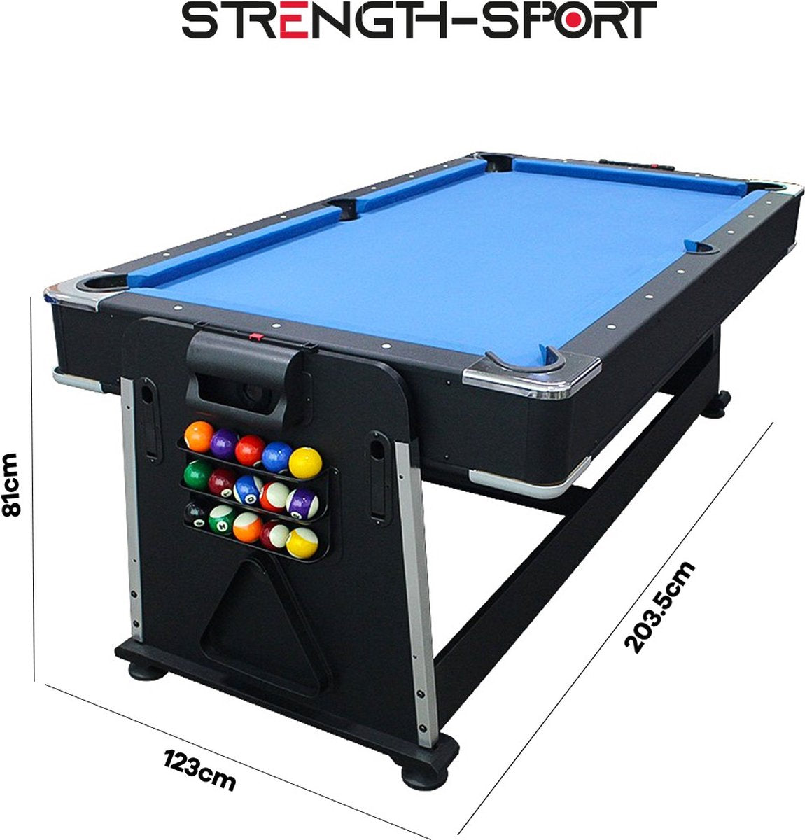 Sterkte - 7ft - 4-in-1 Multi Speltafel - Biljarttafel - Airhockey - Tafeltennis - pooltafel - Zwart - blauw
