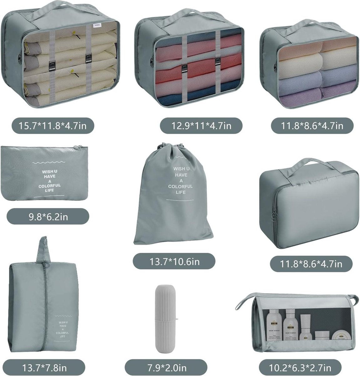 Packing cubes voor koffer - 9 stuks - reisbagage-organizers - rugzak - waterdicht - reisbenodigdheden - reisaccessoires - grijs Rugzakorganizer